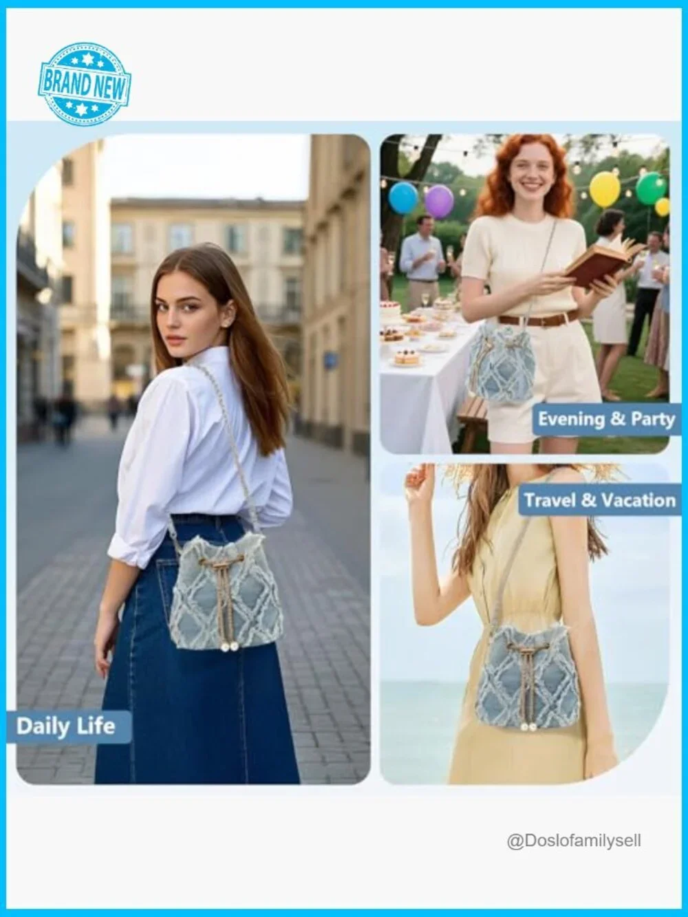 Y2K Denim Bucket Bag Hobo Crossbody Drawstring Shoulder Purse Quilted Chain